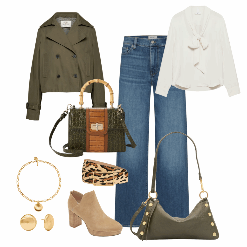 Olive green and navy clothing and accessories.