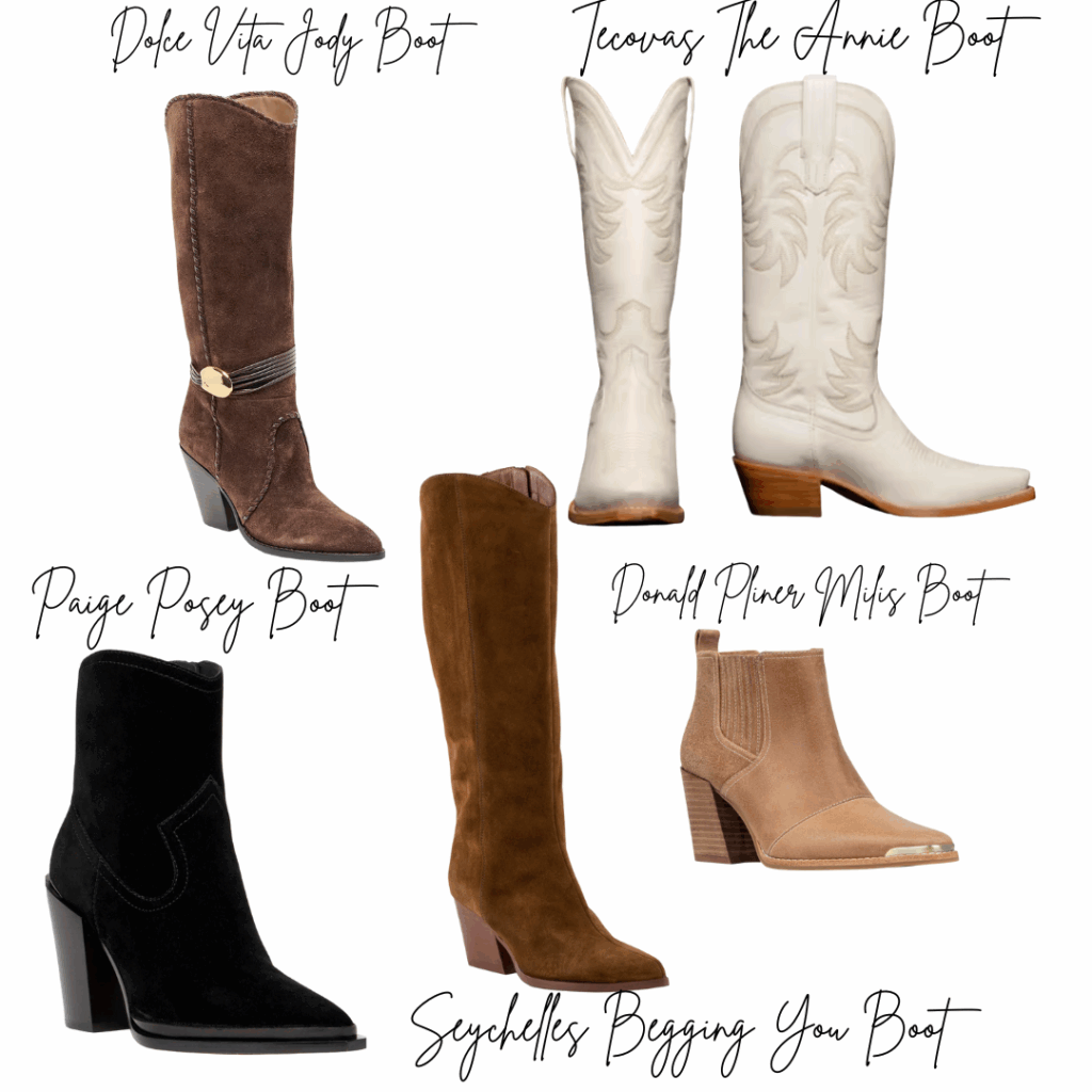 6 Fall Boot Styles Collage of trendy western-inspired boots.