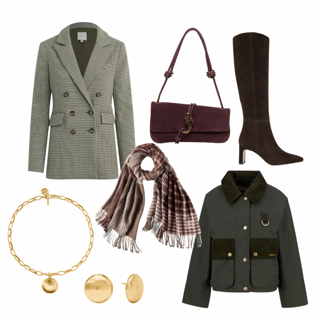 Stylish fall fashion essentials including blazer, scarf, necklace, earrings, purse boots and jacket for September favorites 2025.