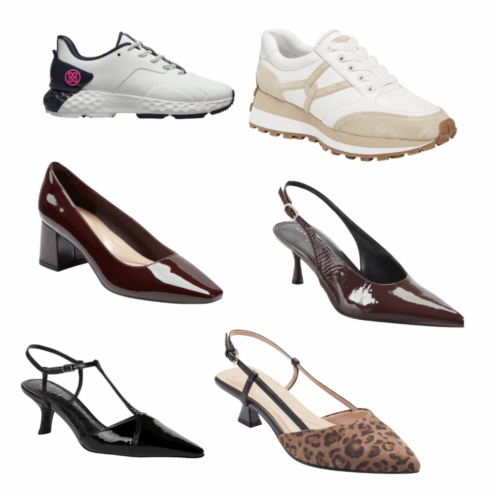 Women's footwear including pumps, sneakers, and slingbacks.