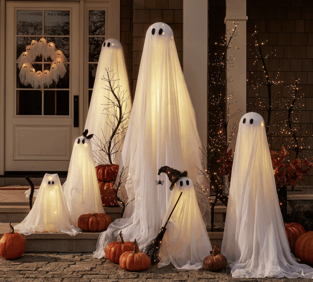 how to decorate for Halloween Outdoor ghost decorations displayed in front of a porch, showing how to decorate for Halloween.