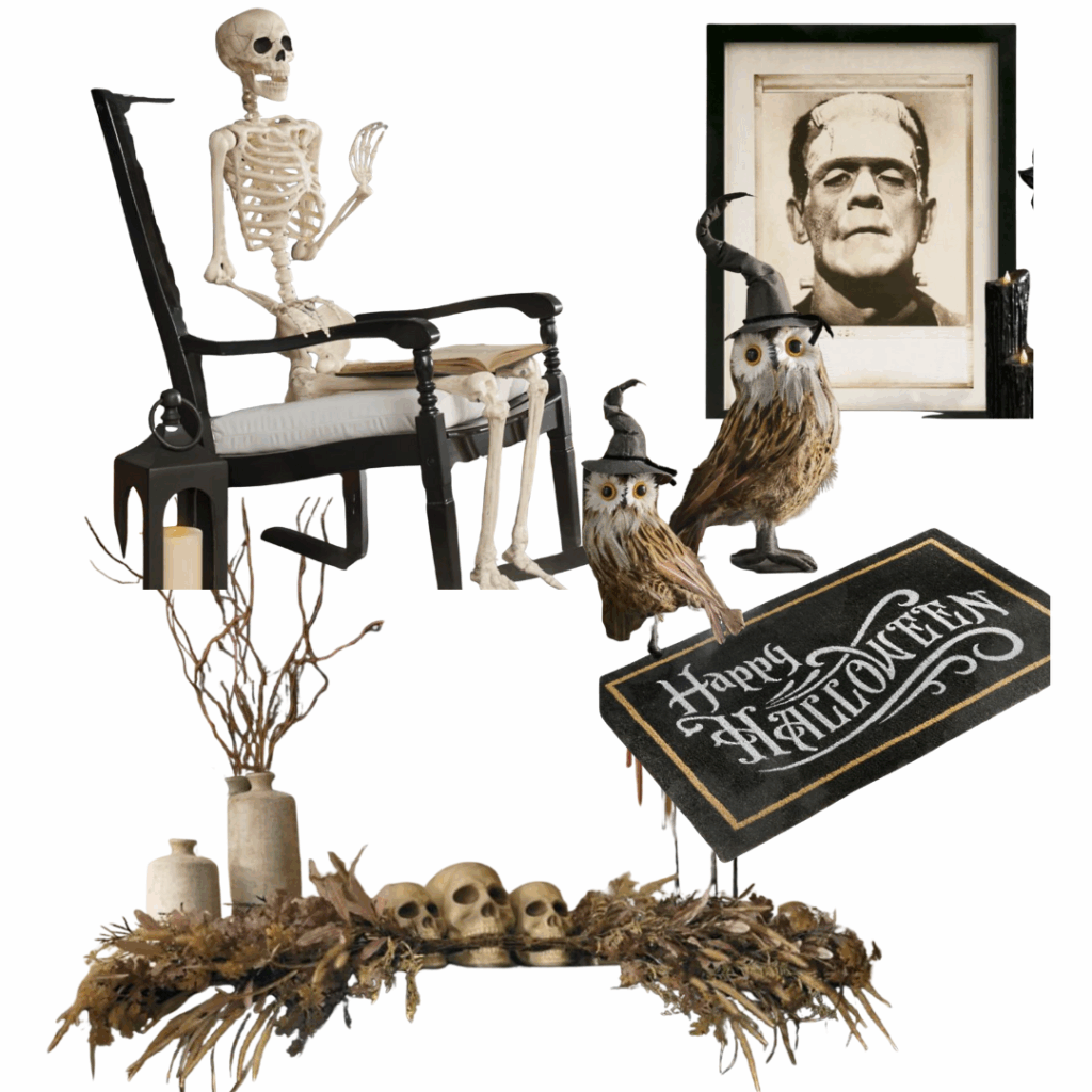 how to decorate for Halloween Halloween mantel decorated with a skeleton, picture, owl figurine, and themed mat