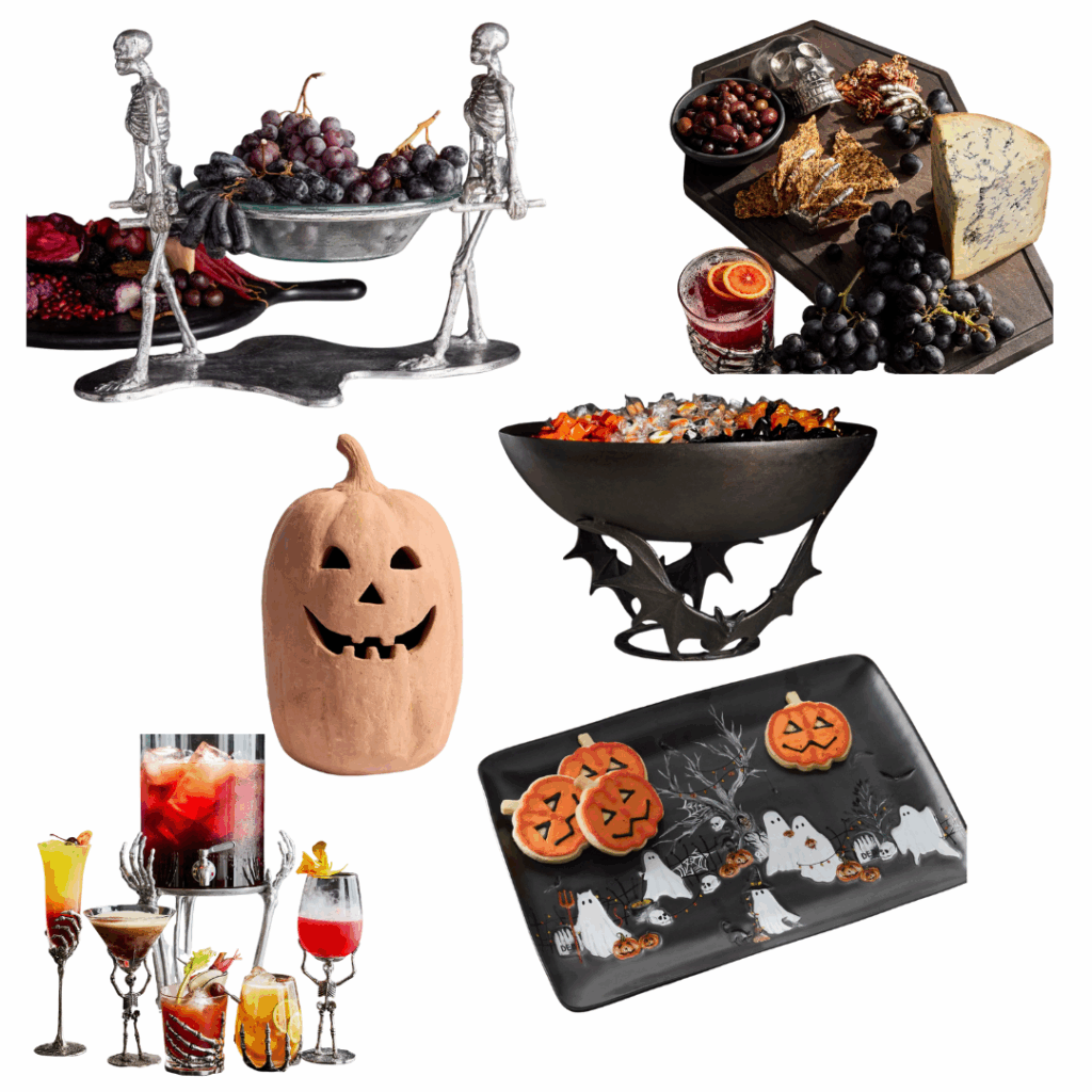 how to decorate for Halloween Halloween tabletop setup featuring a skeleton bowl, pumpkin, themed glassware, cheeseboard, candy bowl, and tray, showing how to decorate for Halloween.