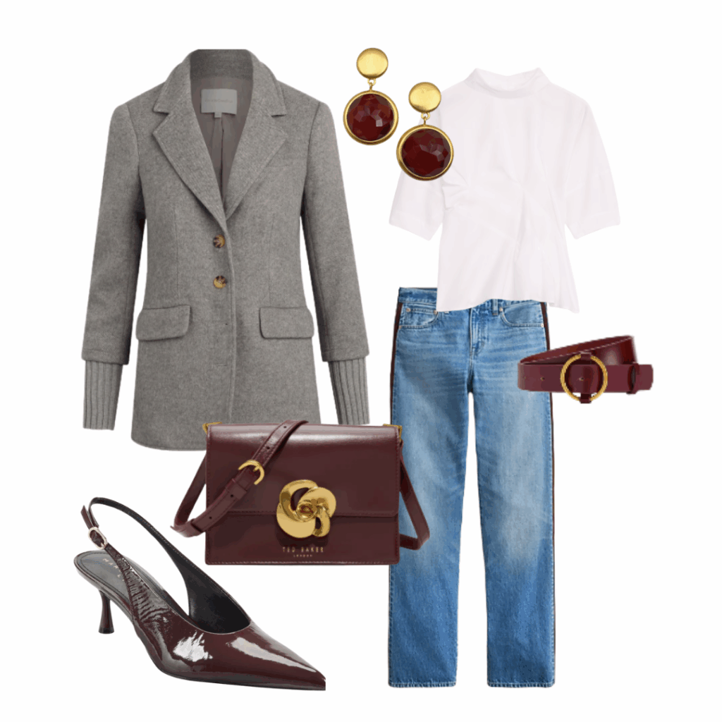 fall coats Blazer | Blouse | Purse | Jeans | Belt | Slingbacks