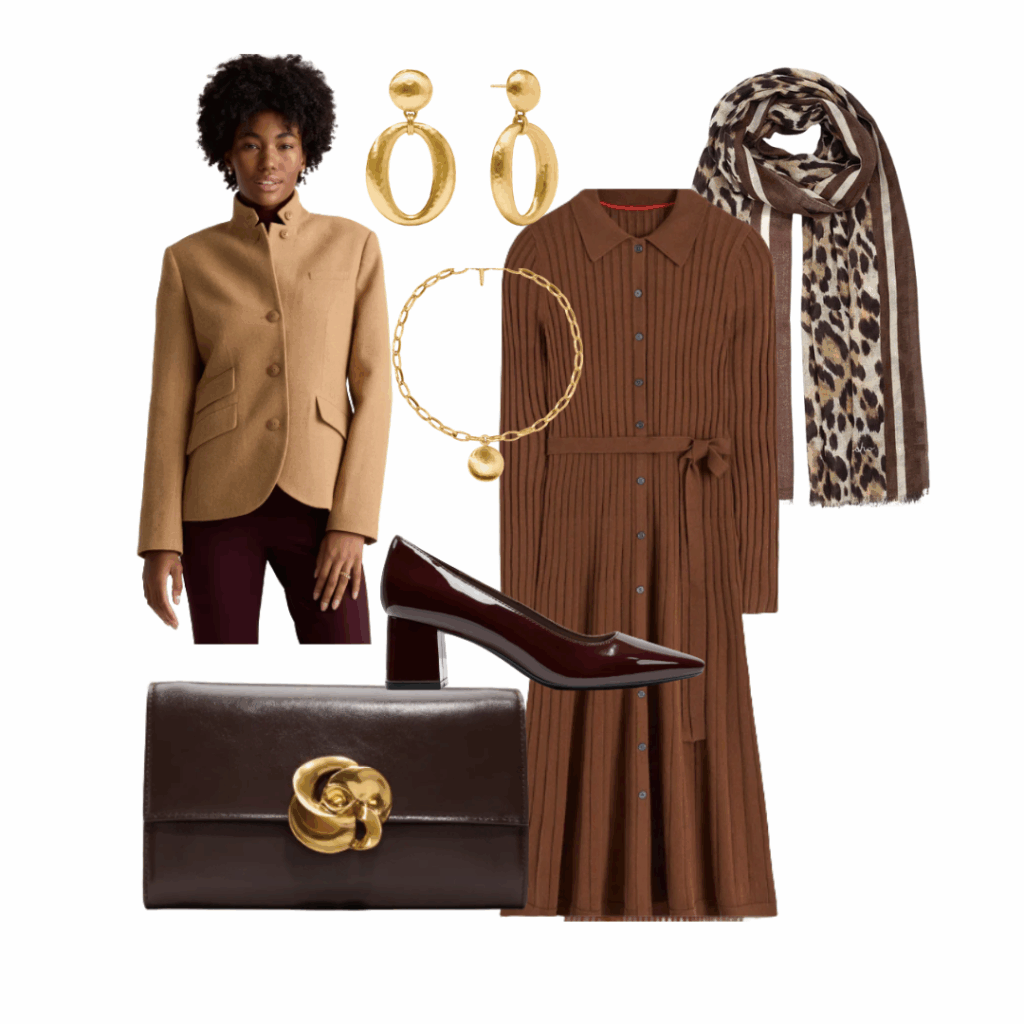 Your October Favorites Blazer | Earrings | Necklace | Sweater Dress | Scarf | Block Heel | Purse