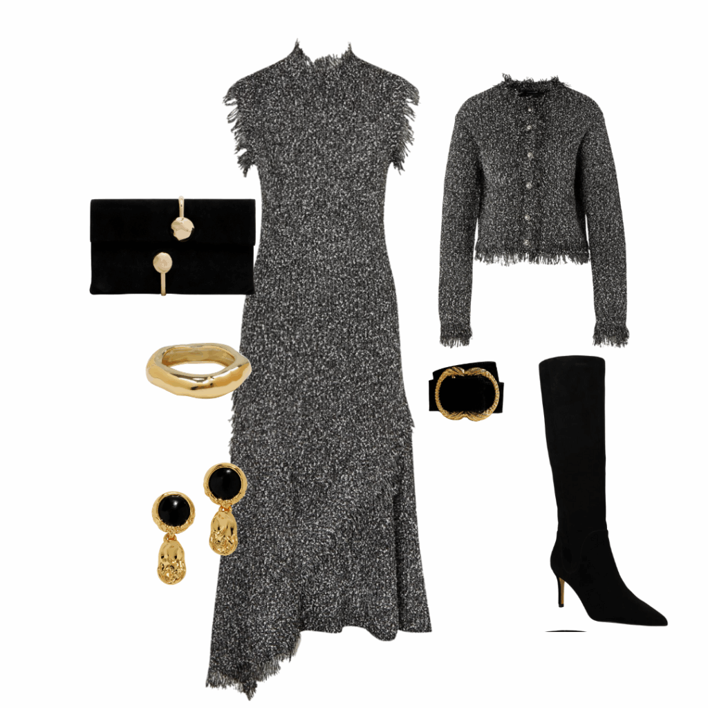 What to Wear to a Holiday Luncheon: Clutch, Bangle, Earrings, Dress, Jacket, Belt, Boot