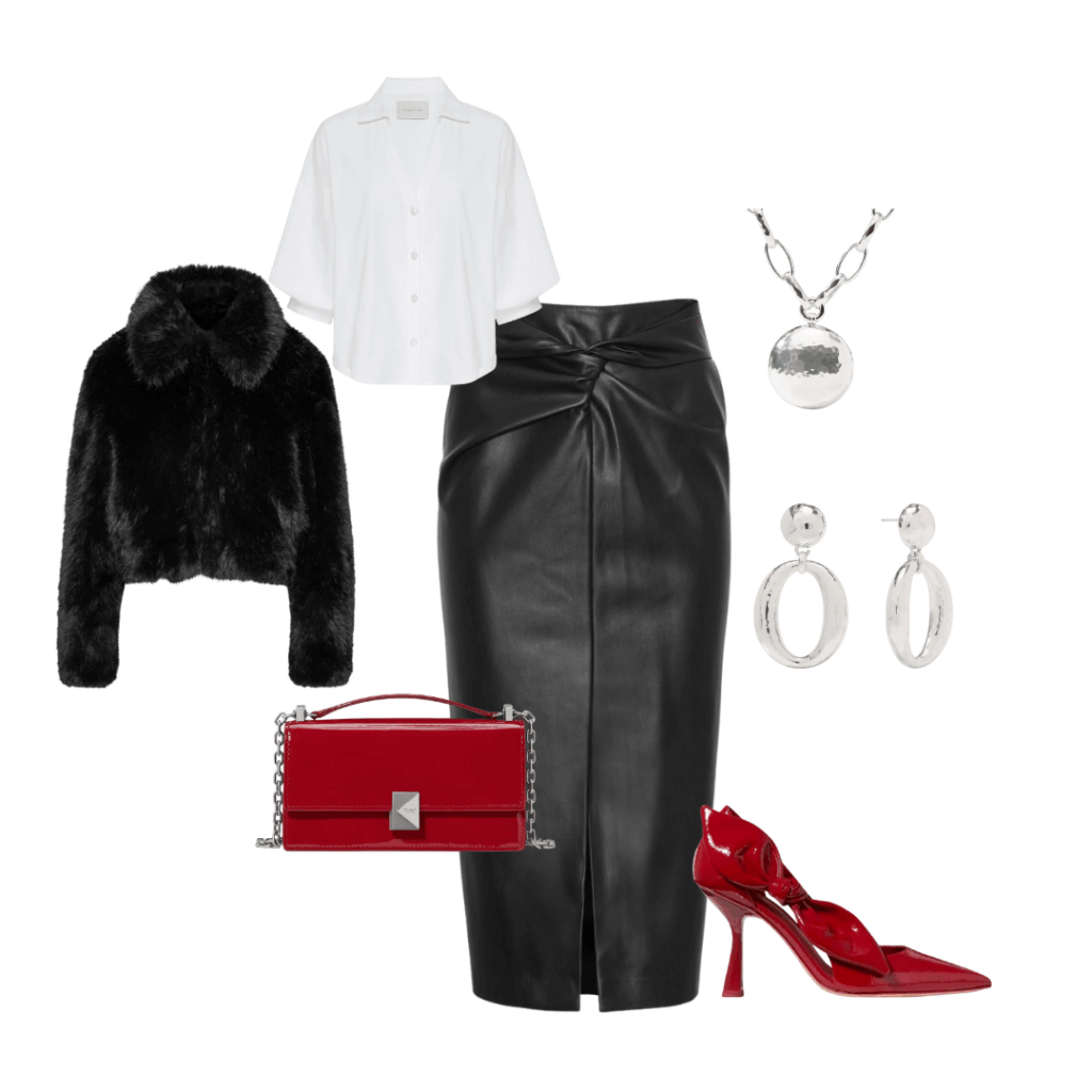What to Wear to a Holiday Luncheon: Shirt, Jacket, Clutch, Skirt,  Necklace, Earrings, Pump
