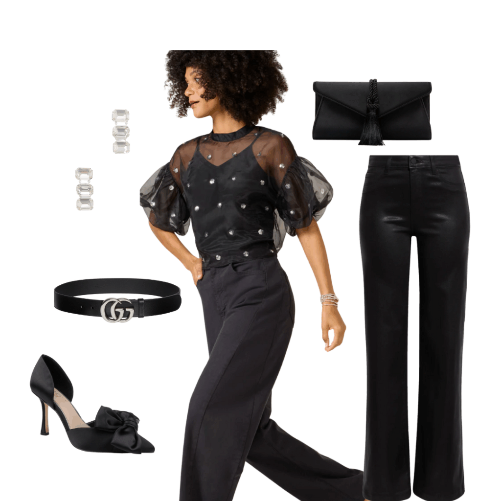 What to Wear to a Holiday Luncheon Earrings, Belt, Pumps, Top, Jeans, Clutch