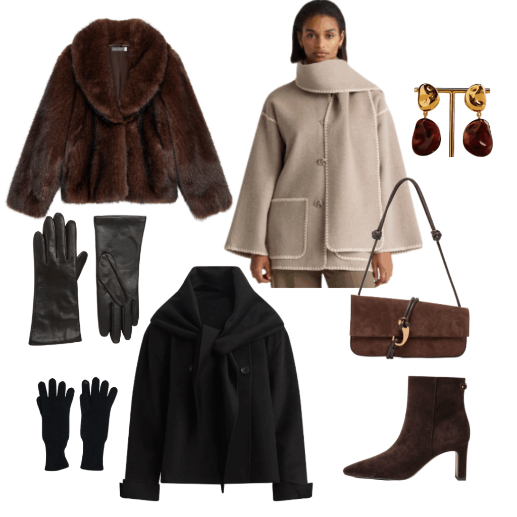 Holiday Gifts for Her 2025 Holiday Gifts for Her 2025: Faux Fur Jacket | Scarf Coat | Earrings | Gloves | Scarf Coat | Purse | Gloves | Booties