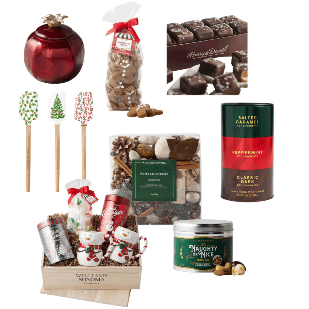 Holiday Hostess Gifts Candle / Spatulas / Hot Chocolate Basket / Cookies / Potpourri / Boxed Caramels / Hot Chocolate Combo Snack Mix