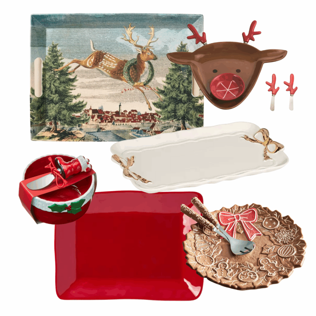 Holiday Hostess Gifts Holiday Hostess Gifts: Large Tray / Reindeer Chip & Dip / Santa Bowl / Ribbon Tray / Red Tray / Gingerbread Plate