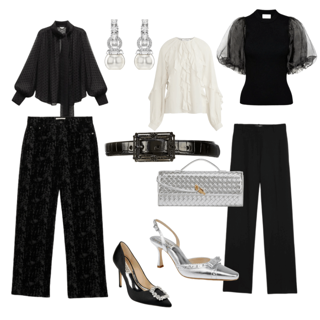 Holiday Outfit Ideas Holiday Outfit Ideas: Blouses | Earrings | Pants | Belt | Purse | Pump | Slingback