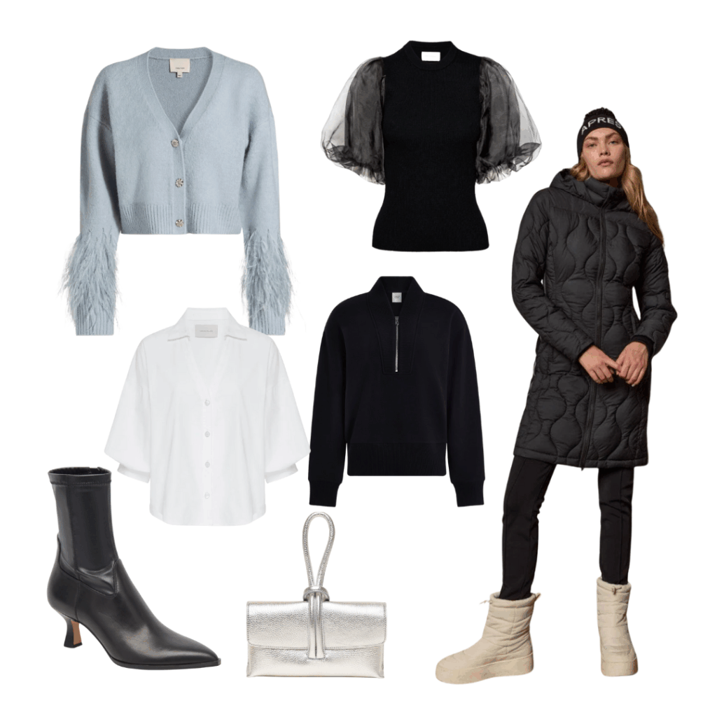 November Favorites Sweater / White Blouse / Bootie / Black Top / Quarter Zip / Purse / Coat