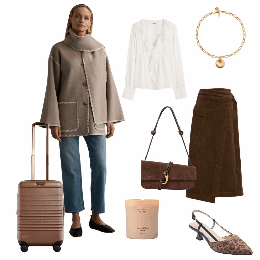 November Favorites Scarf Coat / Suitcase / White Blouse / Purse / Candle / Necklace / Skirt / Leopard Slingback