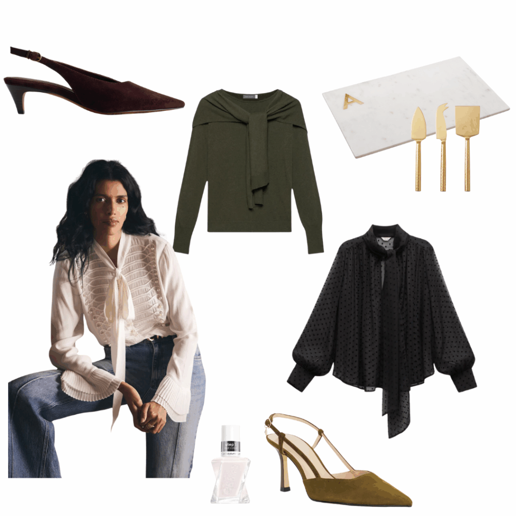 November Favorites November Favorites: Slingback Shoe / Blouses / Sweater / Nail Polish / Cheese Board / Cheese Knives / Slingback