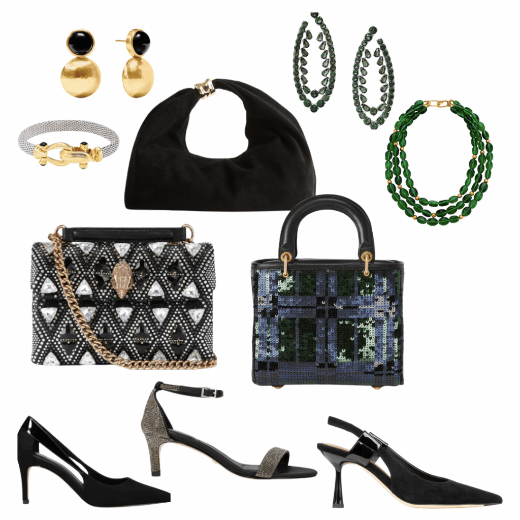 Holiday Accessories for Women Black earrings, bracelet, purse, necklace, pump, sandal, and slingback