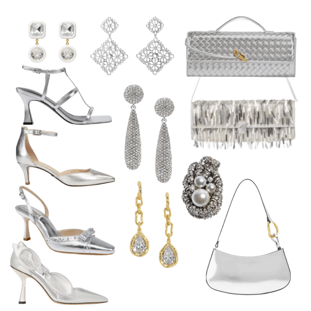Holiday Accessories for Women: Silver earrings, clutch, sandals, purse, heels, slingback, pump, brooch