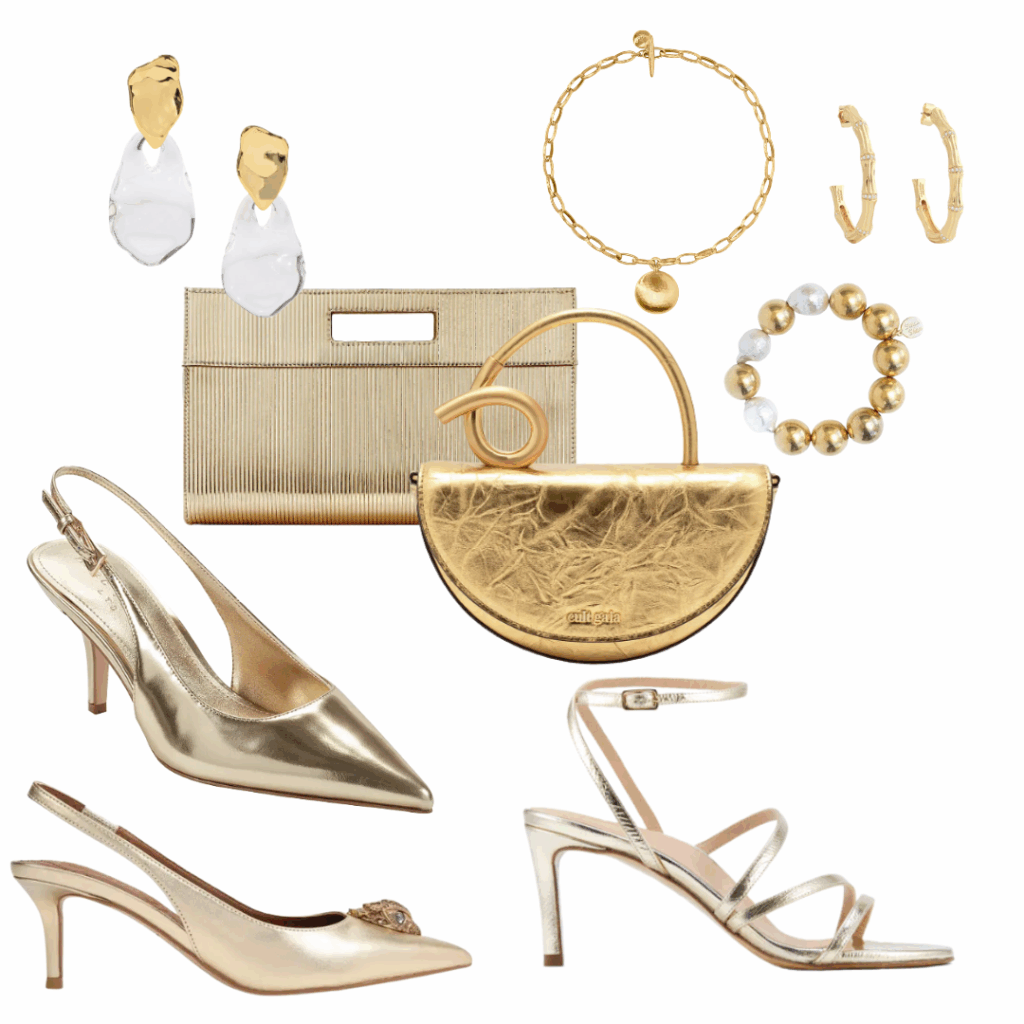 Holiday Accessories for Women Gold earrings, necklace, purse, bracelet, slingback, and sandal