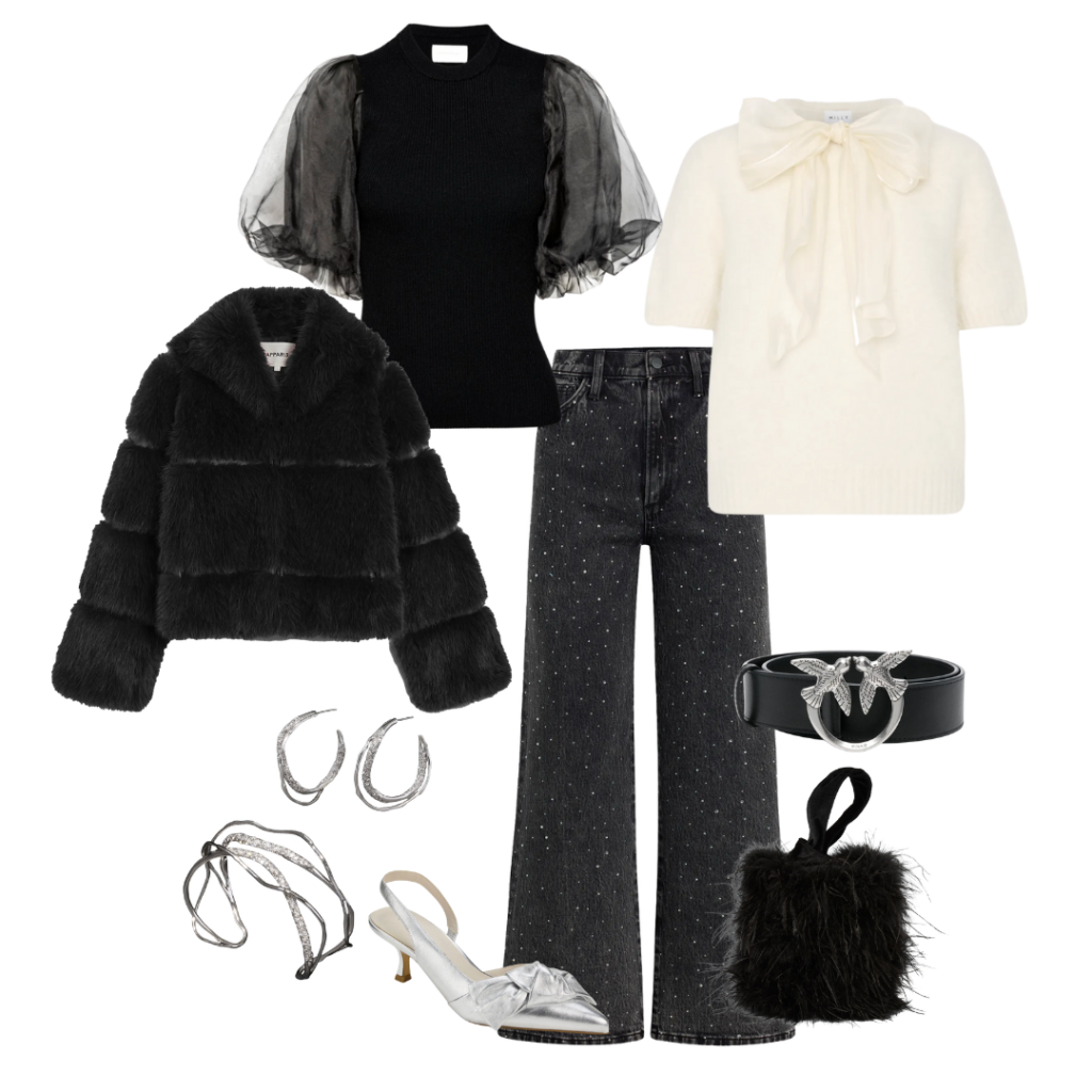 New Years Eve Outfits Top / Jacket / Earrings / Cuff / Slingback /Jean / Sweater / Belt / Purse