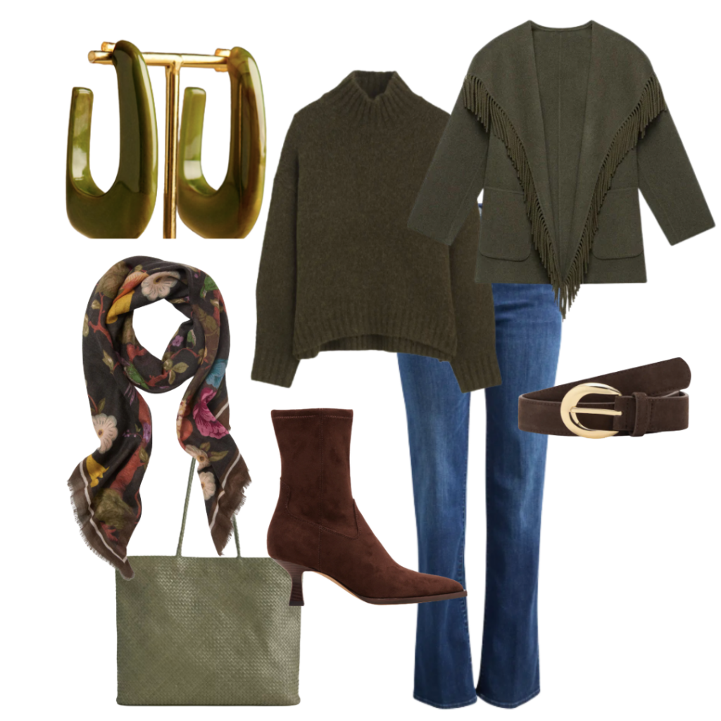 Holiday Bowl Game: Earrings | Sweater | Coat |Scarf | Bootie | Jeans |Belt | Tote