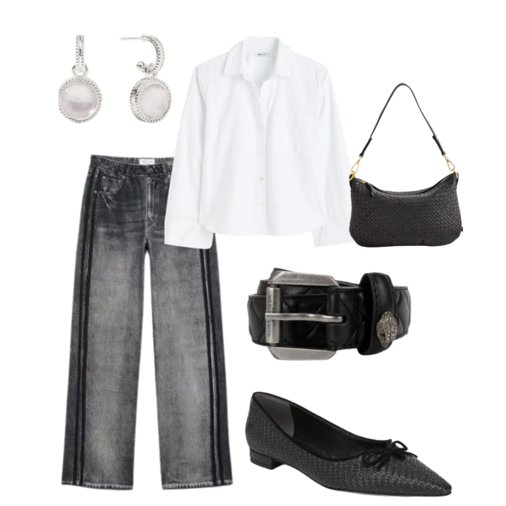 Holiday Bowl Game Fashion Guide For Your Holiday Bowl Game: Earrings | Blouse | Purse | Jeans | Belt | Ballet Flats