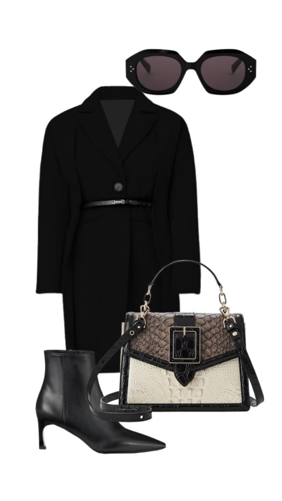 Black Statement Coats for Women Sunglasses | Coat | Purse | Bootie