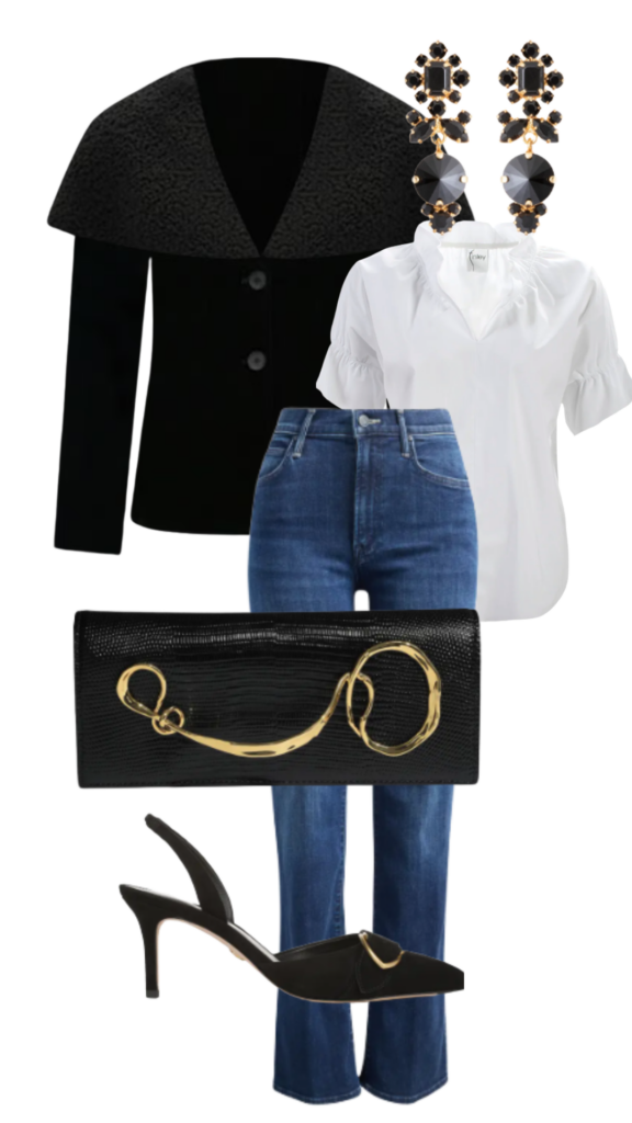 Black Statement Coats for Women Black Statement Coats for Women: Jacket | Earrings | Blouse | Denim | Purse | Slingback