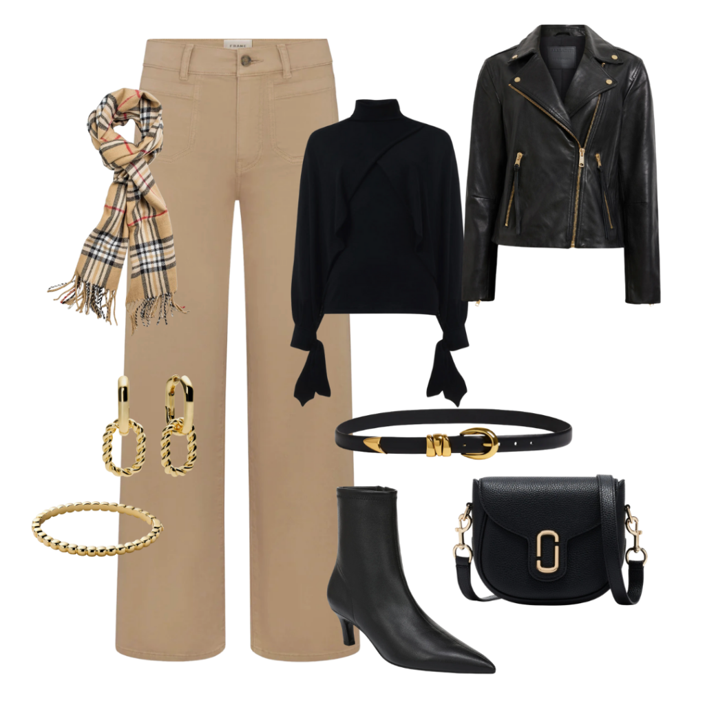 What Color Goes With Khaki What Color Goes With Khaki: Scarf / Jeans / Earrings / Bracelet / Sweater / Belt /Boots / Jacket / Purse