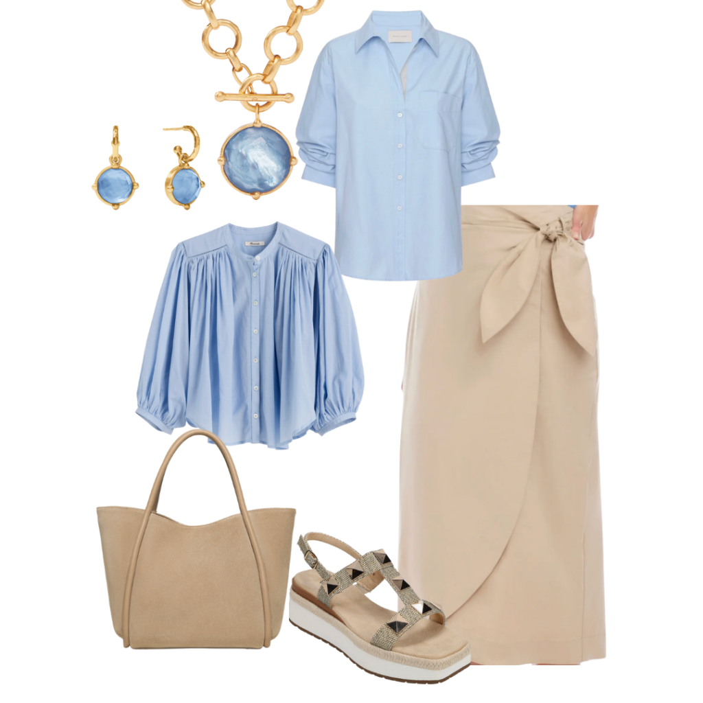 What Color Goes With Khaki Necklace / Earrings / Blouse /Tote / Shirt / Sandal / Skirts in Khaki and Blue