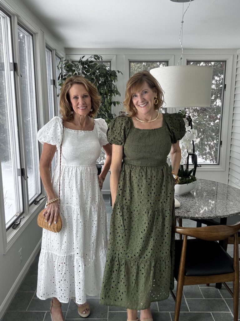 Sun Dresses Bev & Val wearing Pretty Garden Summer Eyelet Dress in white and olive green