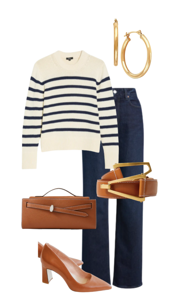 Striped Sweaters for Spring Striped Sweaters for Spring: Long Sleeve Sweater | Earring | Denim | Purse | Belt | Pump