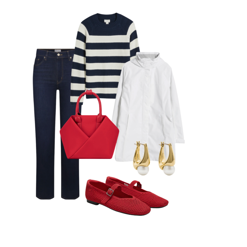 Ballet Flats Jeans / Sweater / Purse / Raincoat / Earrings