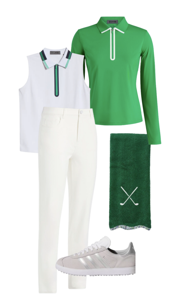 Spring Golf Outfits for Women Spring Golf Outfits for Women: Sleeveless Top | Long Sleeve Top | Pant | Golf Towel | Golf Shoes