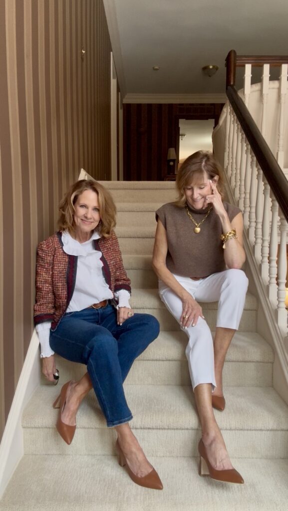 Ally Shoes Bev and Val sitting on stairs modeling Ally Shoes
