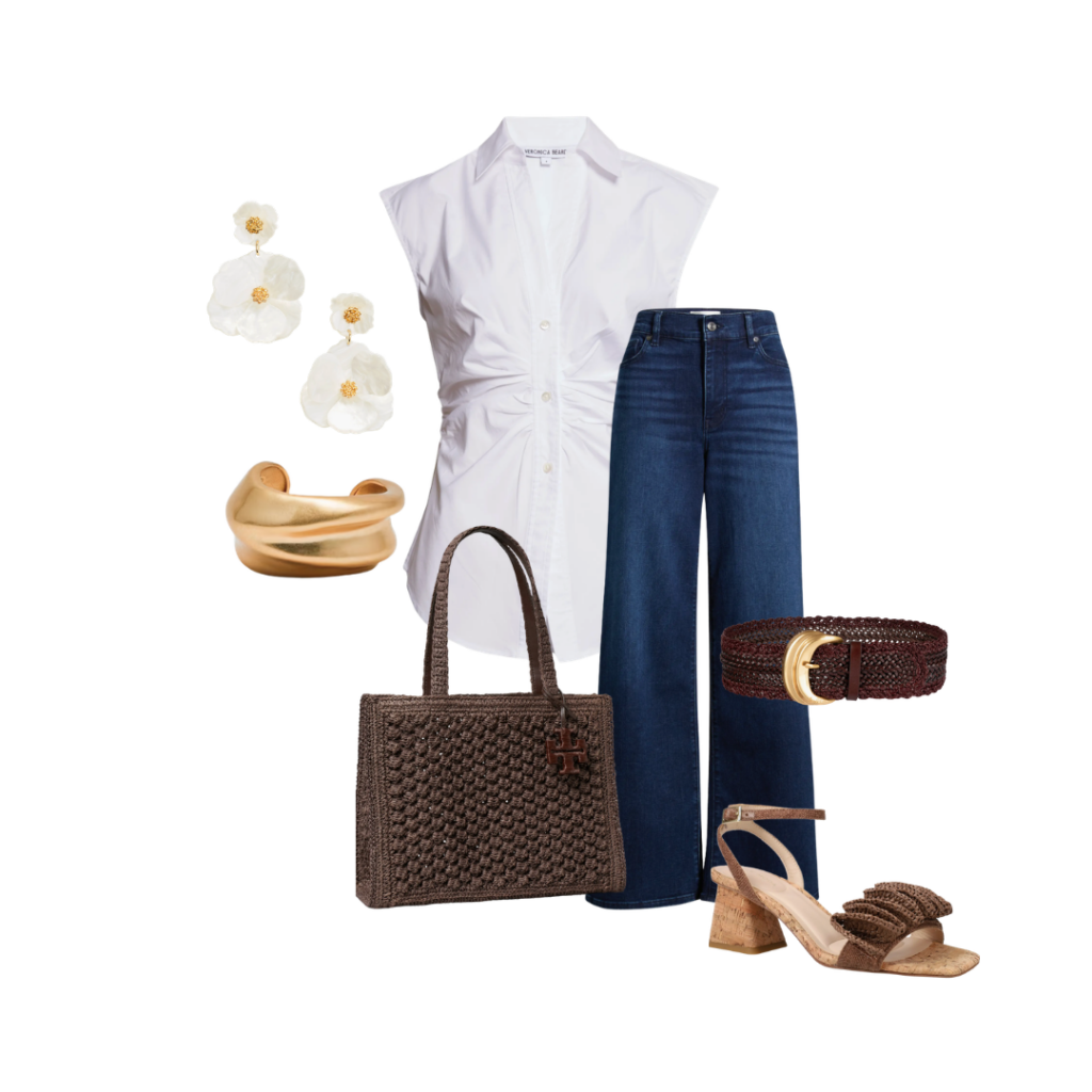 White Tops Earrings / Bracelet / Tote / White Top / Jeans / Belt / Sandal