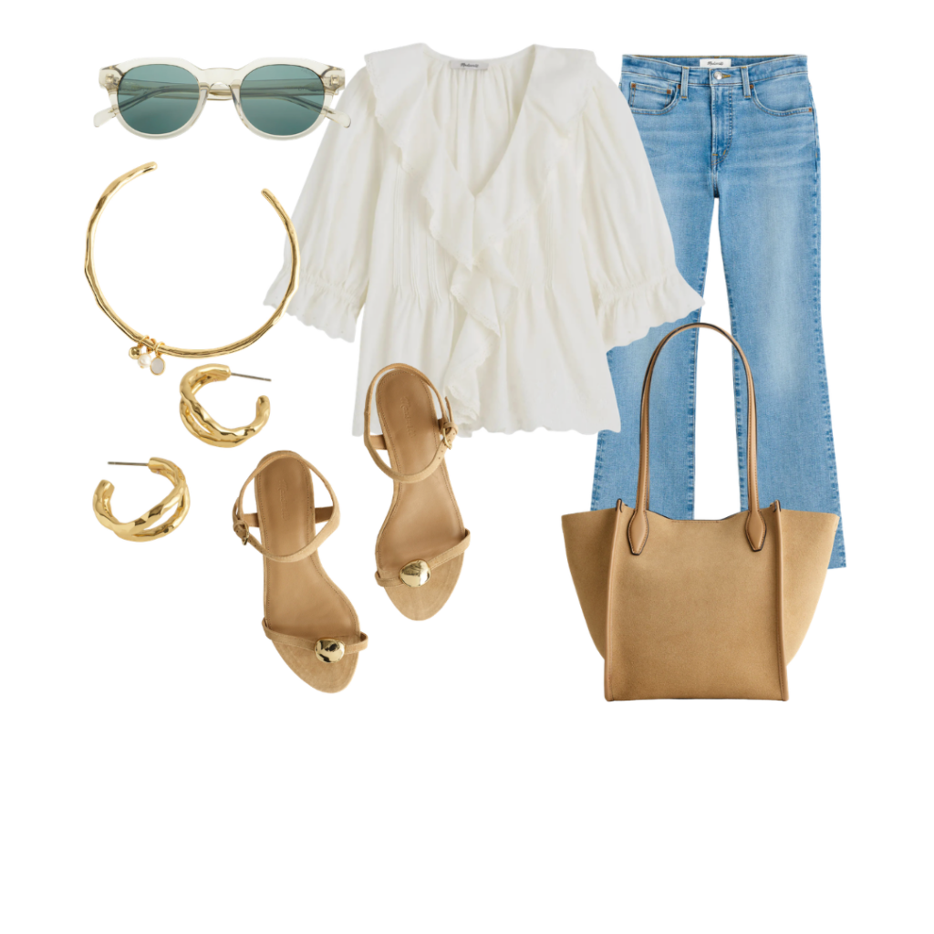 White Tops Sunglasses / Necklace / Earrings / Sandals / Blouse / Jeans / Tote