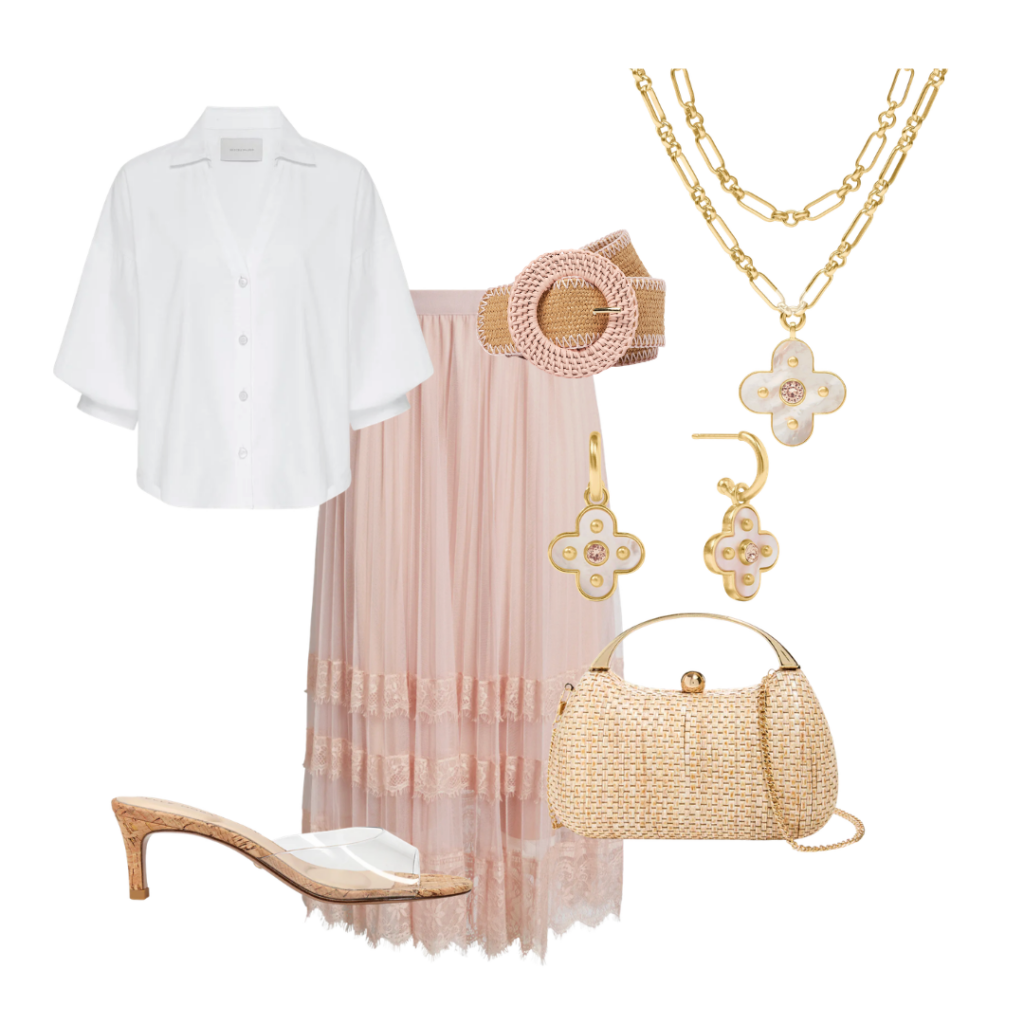 White Tops Shirt / Slide / Skirt / Belt / Necklace / Earrings / Purse