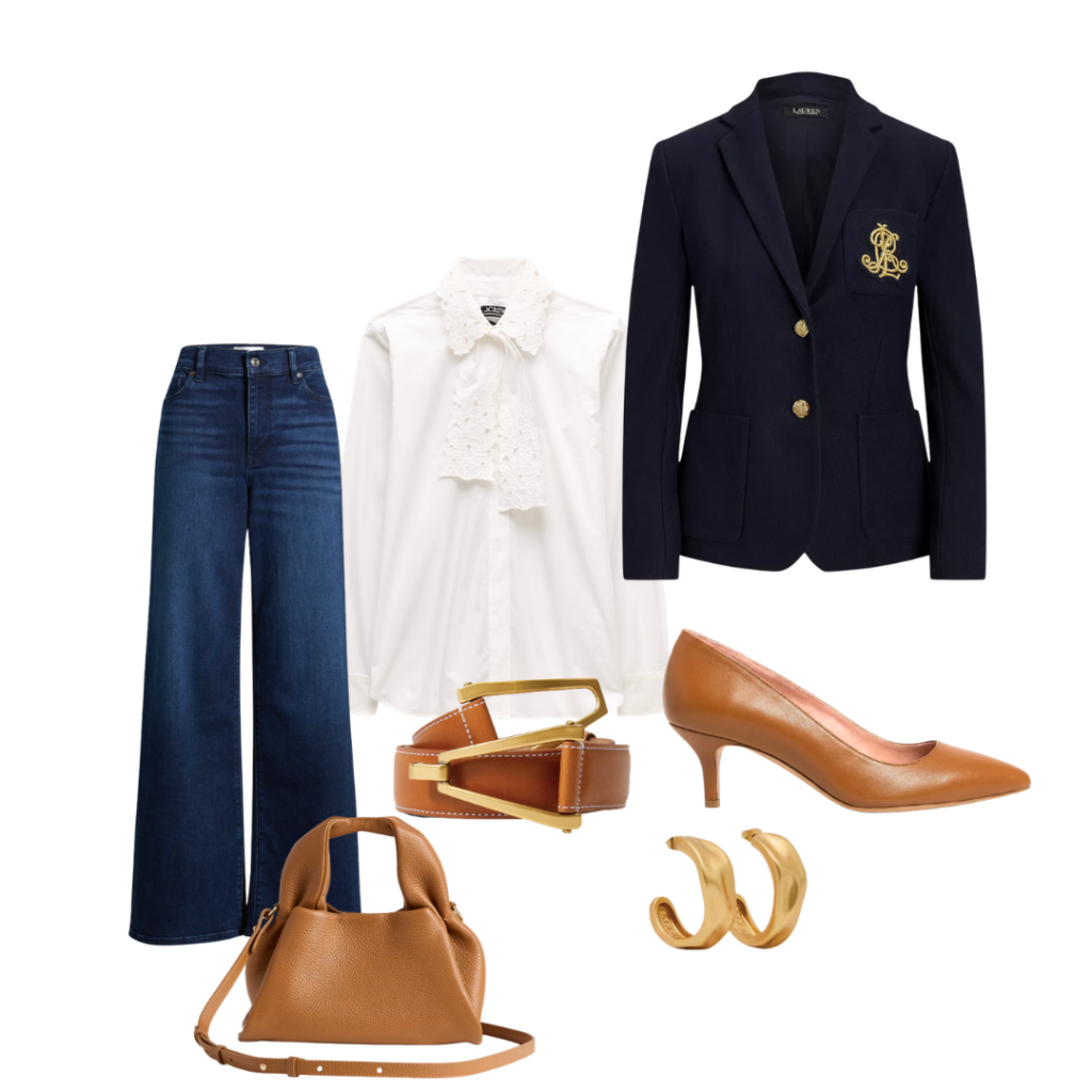 White Tops Jeans / Bag / White Shirt / Belt / Blazer / Heel / Earrings