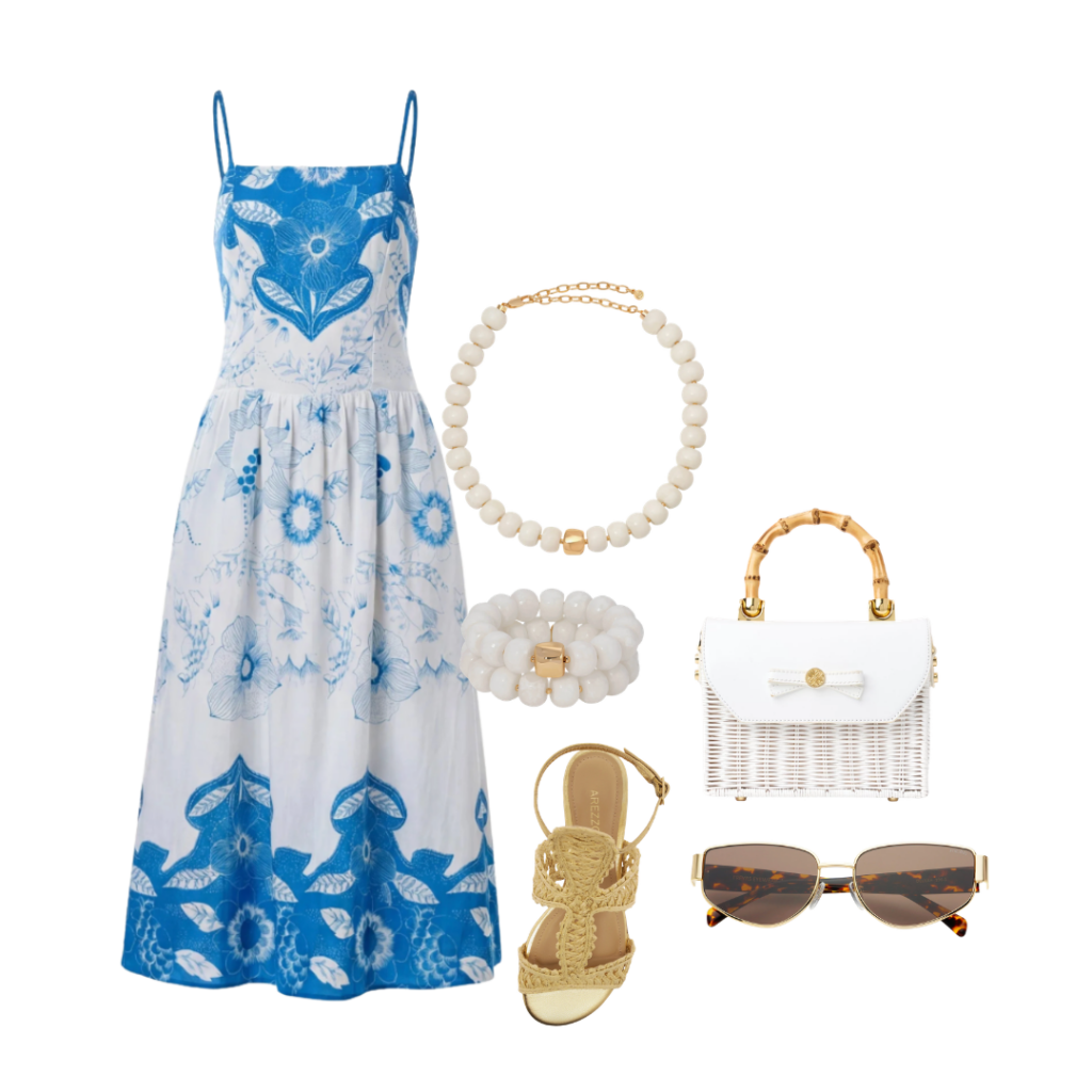 What To Wear To Brunch This Spring Dress / Necklace / Bracelet / Sandal / Purse / Sunglasses