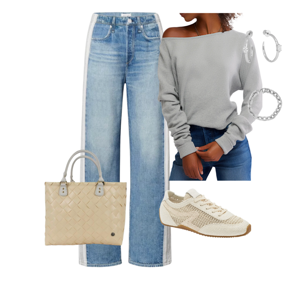 Nude Shoes Tote / Jean / Top / Earring / Bracelet / Nude Sneaker