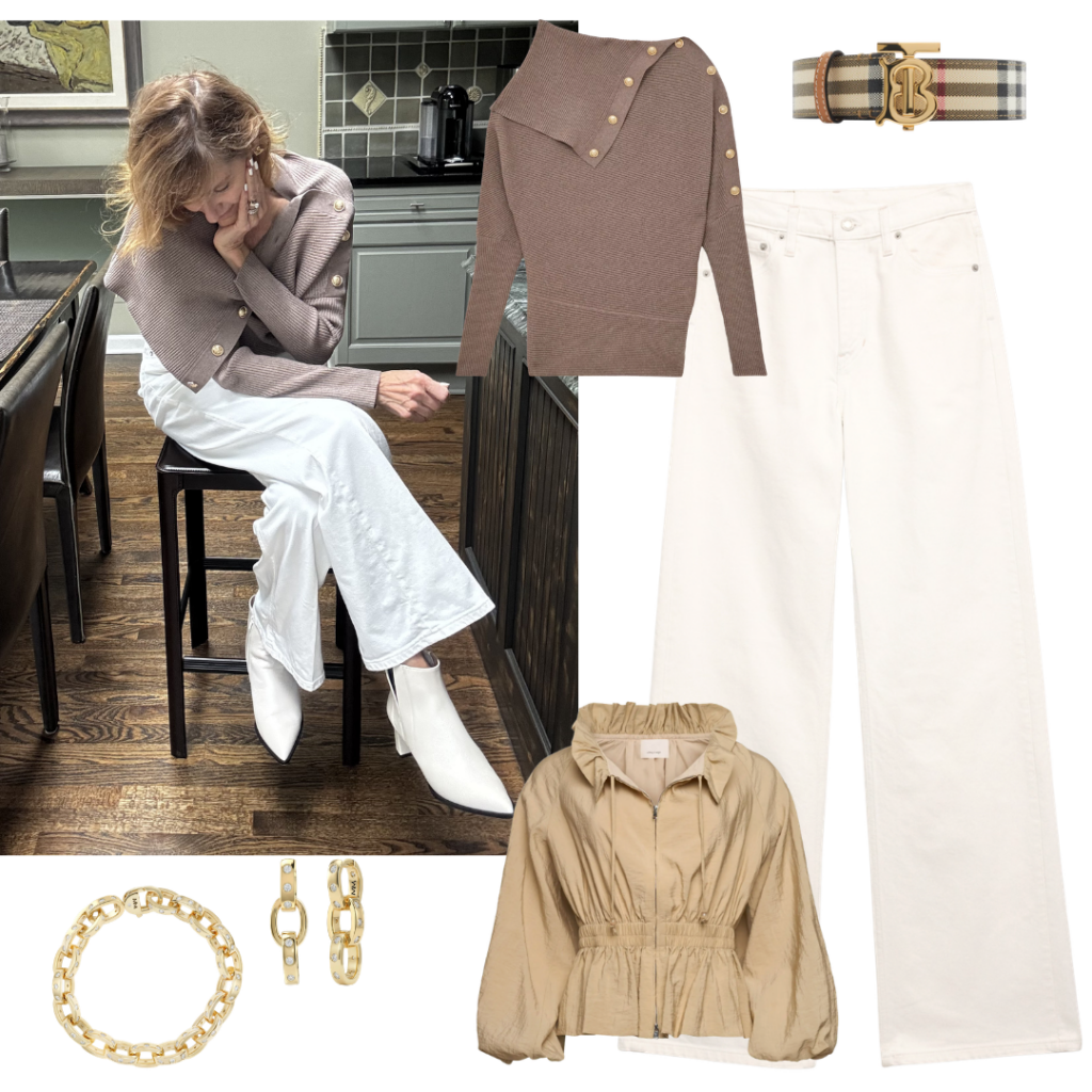 Nude Shoes Sweater / Belt / Jeans / Jacket / Earrings / Bracelet