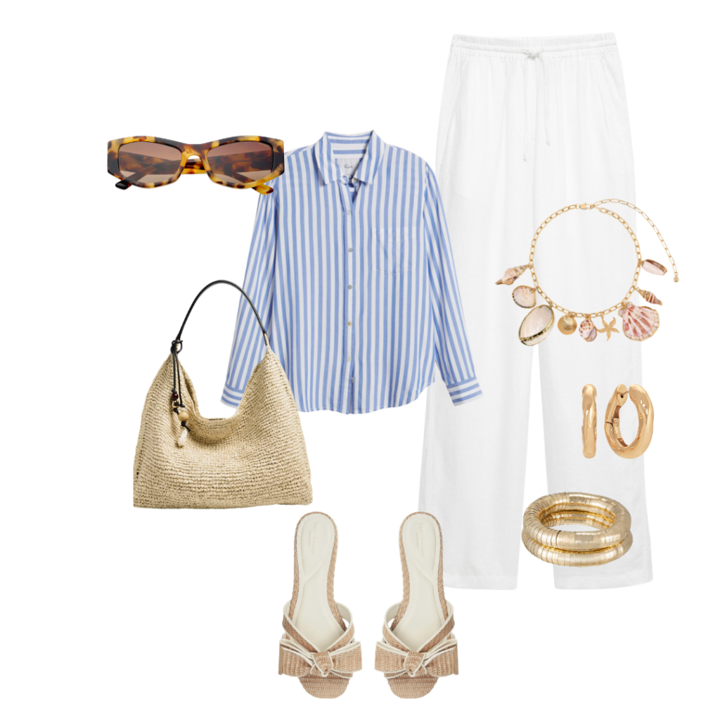 Nude Shoes Sunglasses / Shirt / Tote / Nude Sandals / Linen Pants / Necklace / Earrings / Bracelet