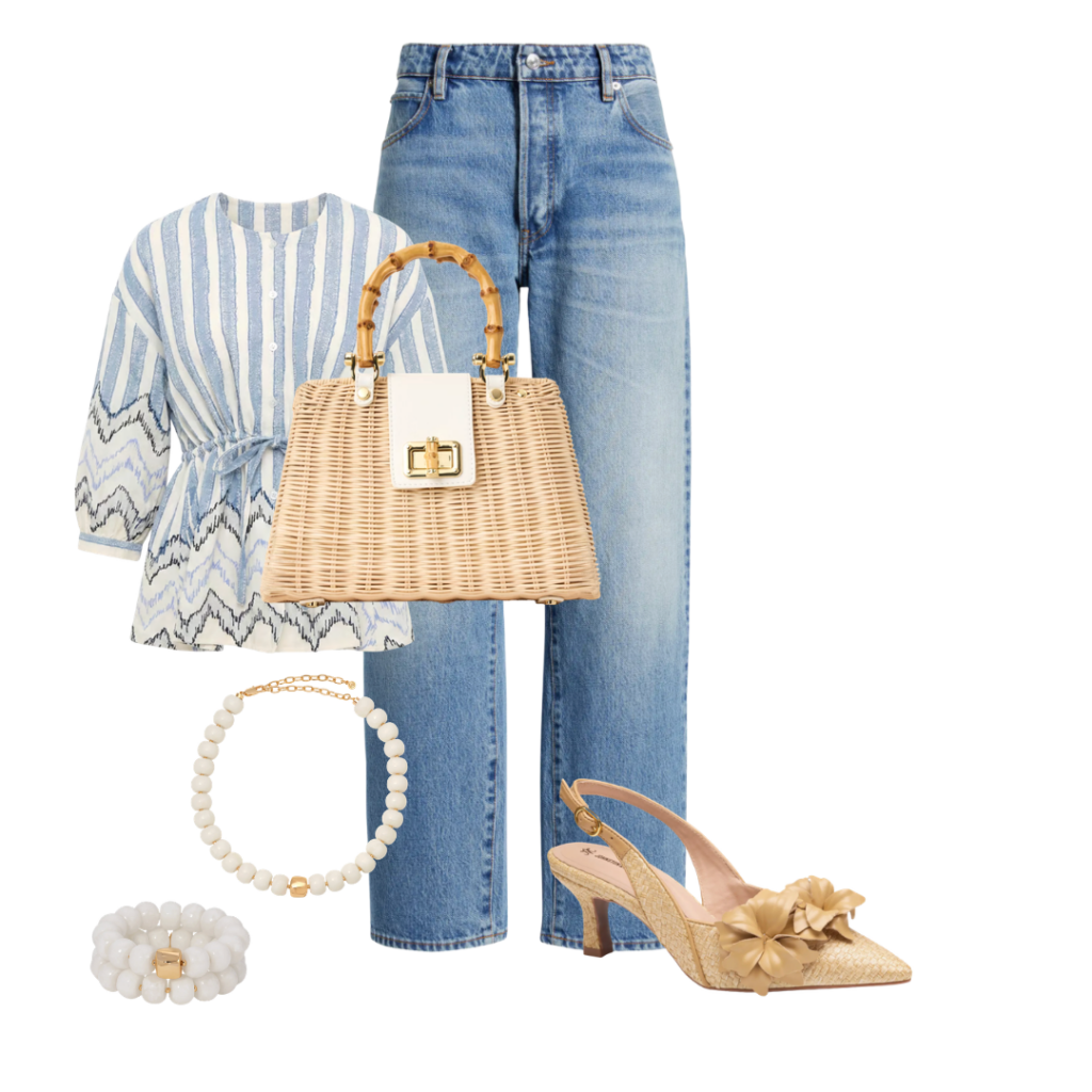 Nude Shoes Jean / Top / Purse / Necklace / Bracelet / Nude Slingback