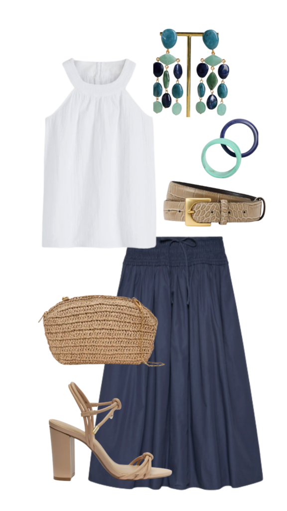 Navy & White Summer Style A Navy Midi Skirt with a White Cotton Top