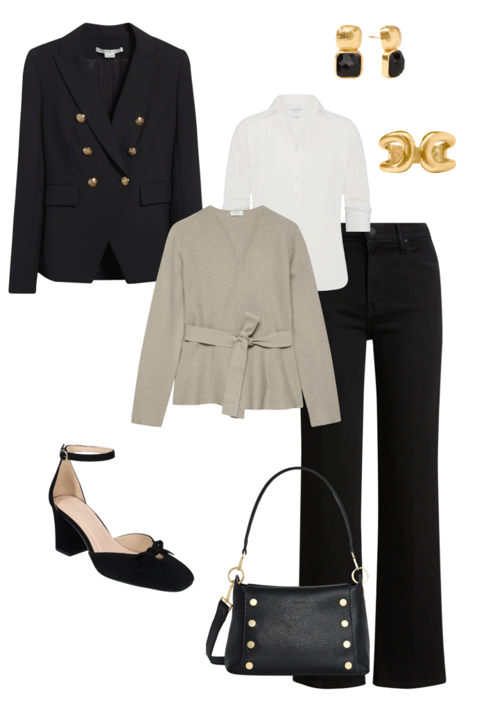 Cozy Sweaters Blazer / Cardigan / Heel / Shirt / Earrings / Bracelet / Pant / Bag