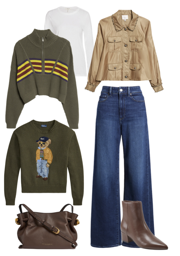 Must Wear Colors This Fall Must Wear Colors This Fall - White Tee / Olive Striped Sweater / Olive Bear Sweater / Purse / Jacket / Jeans / Boot