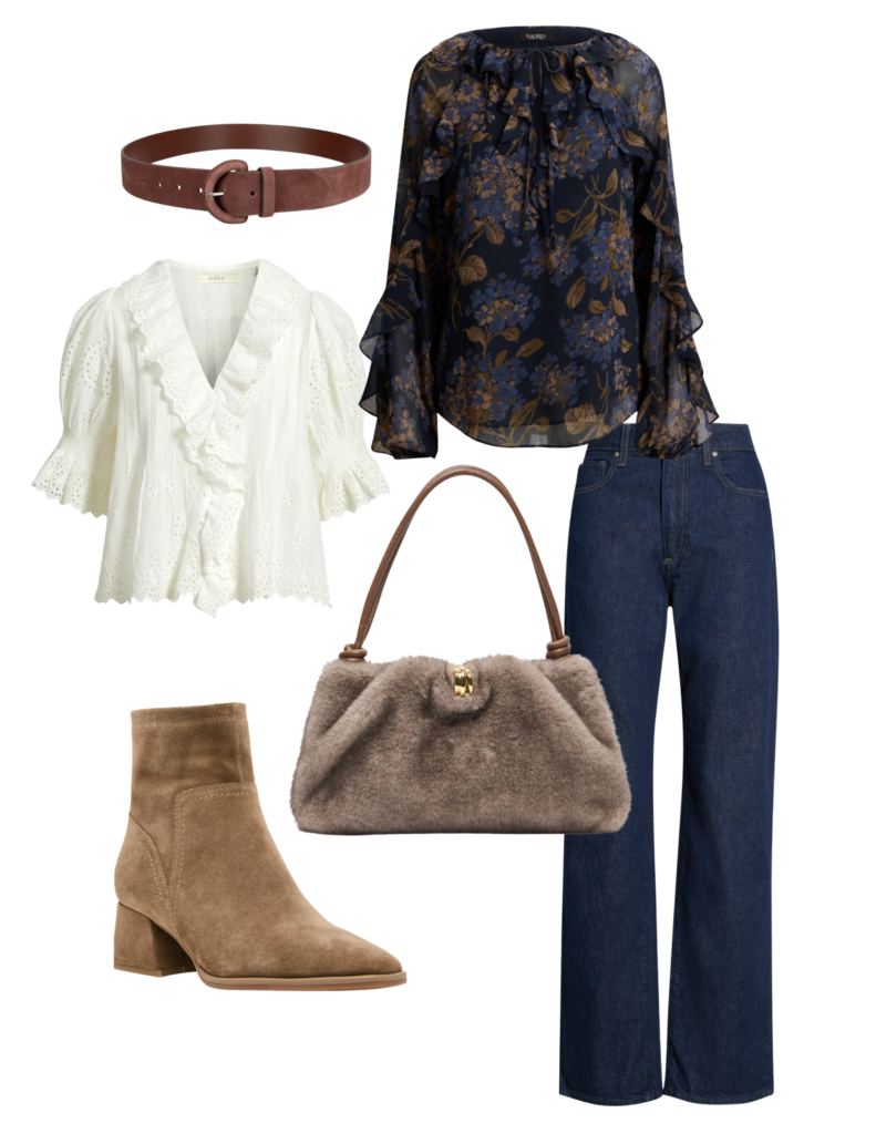 September Favorites Belt / Blouse / Bootie / Blouse / Handbag / Jeans