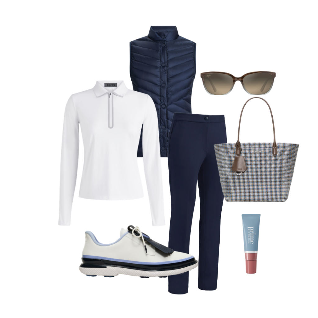 Fall Golf Outfits for Women Navy and White 1/4 Zip, Vest and Pants