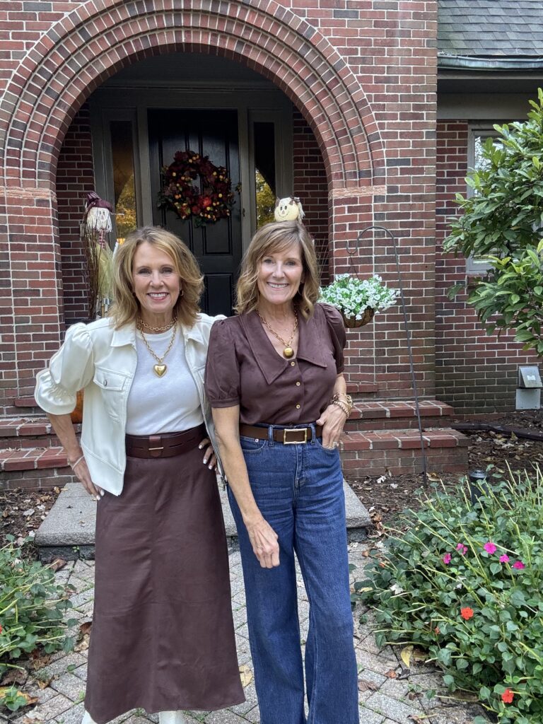Chocolate Brown Val wearing the Duffield Lane Sullivan Skirt. Bev wearing the Rowe Top both in chocolate brown.